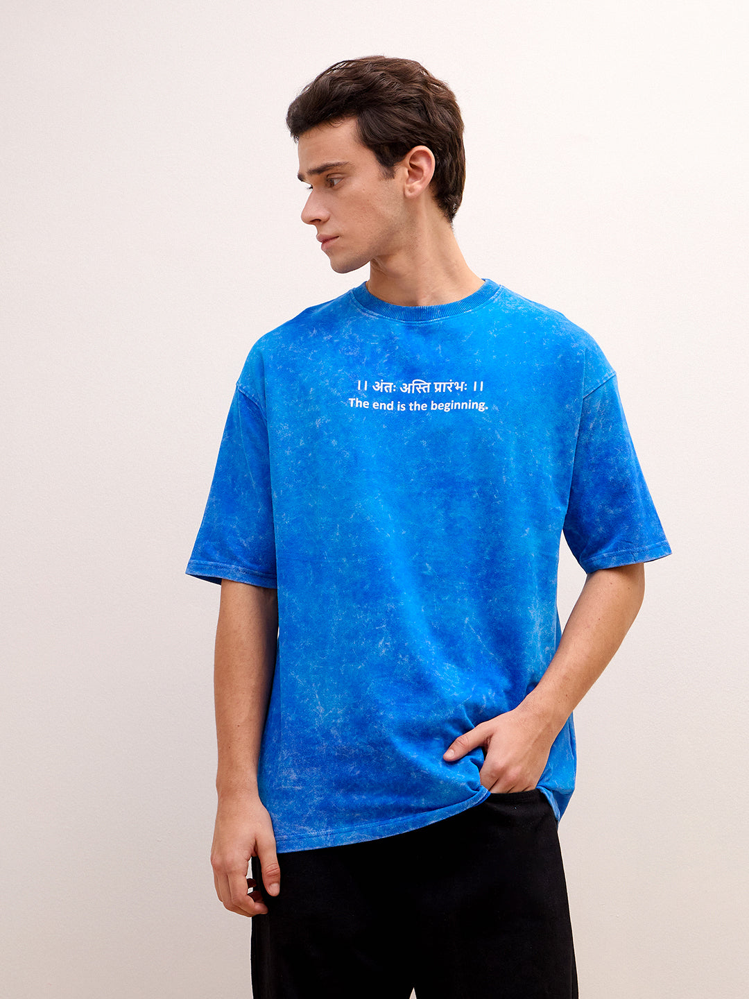 Royal Blue Acid Wash Oversized T-Shirt - "।। अंतः अस्ति प्रारंभः ।।"  Sanskrit quotes