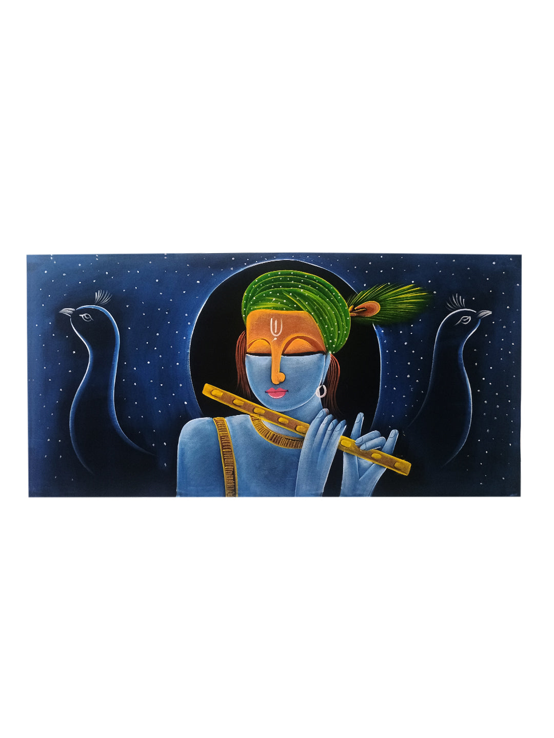 Hand-Painted Velvet Wall Art – Krishna with Flute and Peacock (Without Frame) - Rudrajap