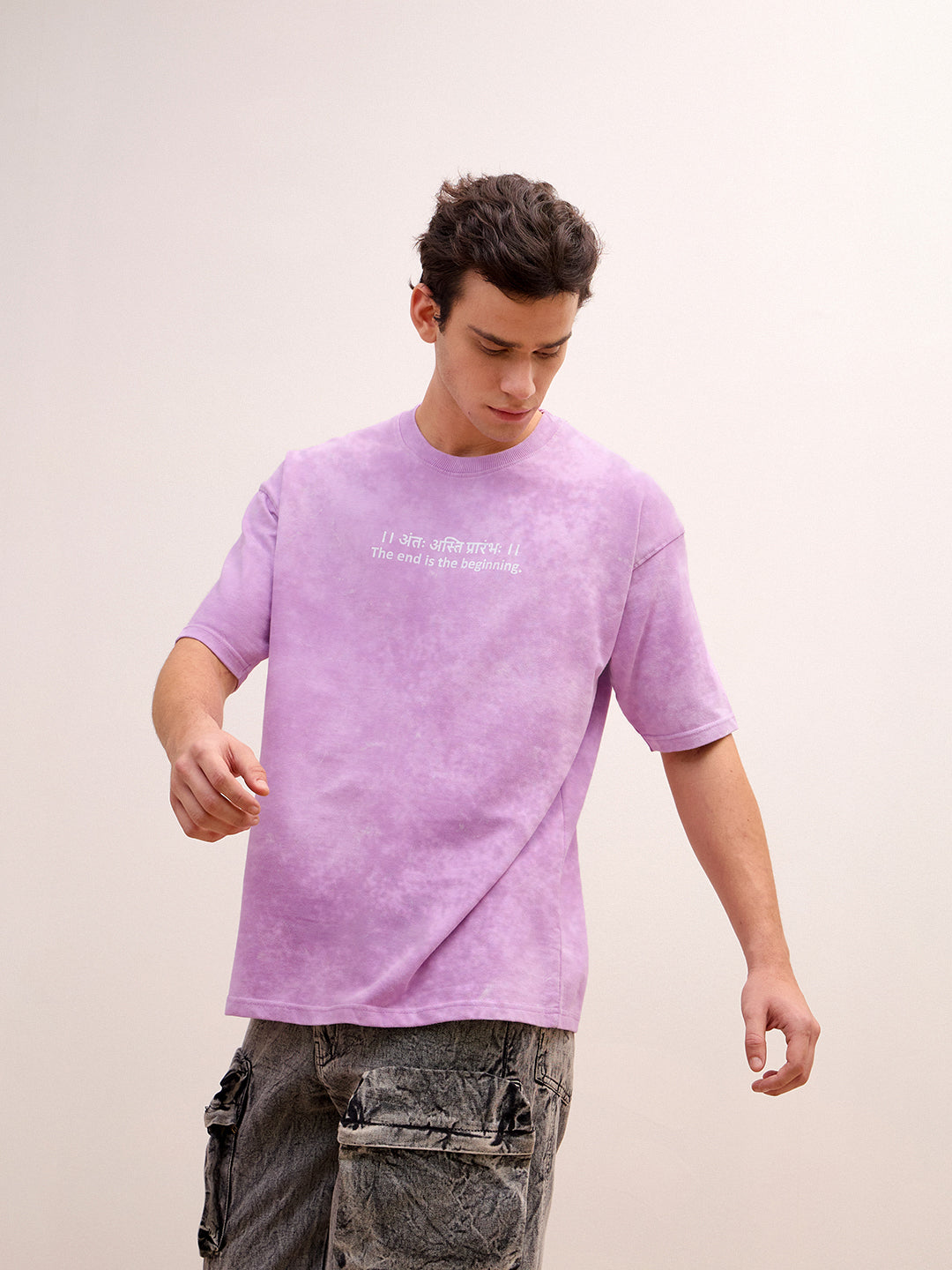 Lavender Acid Wash Oversized T-Shirt - "।। अंतः अस्ति प्रारंभः ।।" Sanskrit quotes