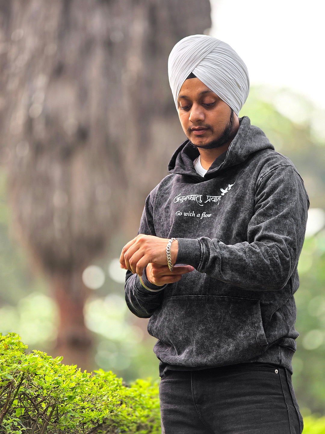 Men's Acid Washed Black Hoodie – “अनुगच्छतु प्रवाहं” - Rudrajap