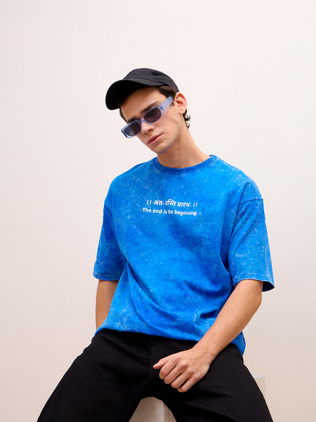 Royal Blue Acid Wash Oversized T-Shirt - "।। अंतः अस्ति प्रारंभः ।।"  Sanskrit quotes