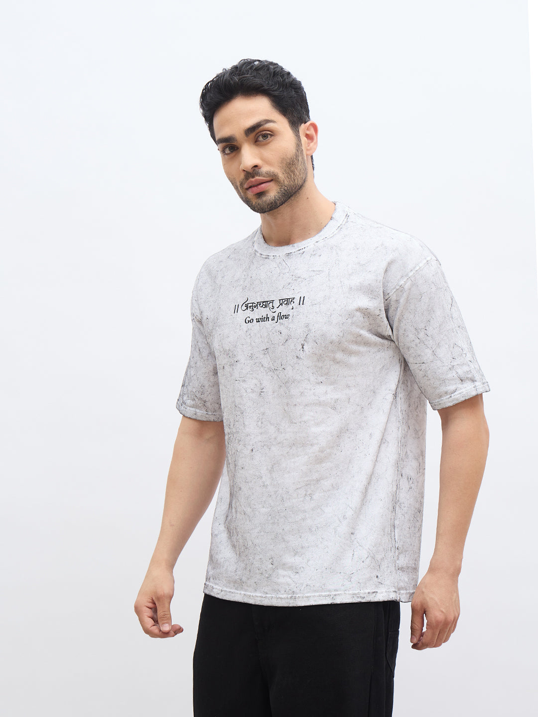 White Acid Wash Oversized T-Shirt – “अनुगच्छतु प्रवाहं” Sanskrit Quote