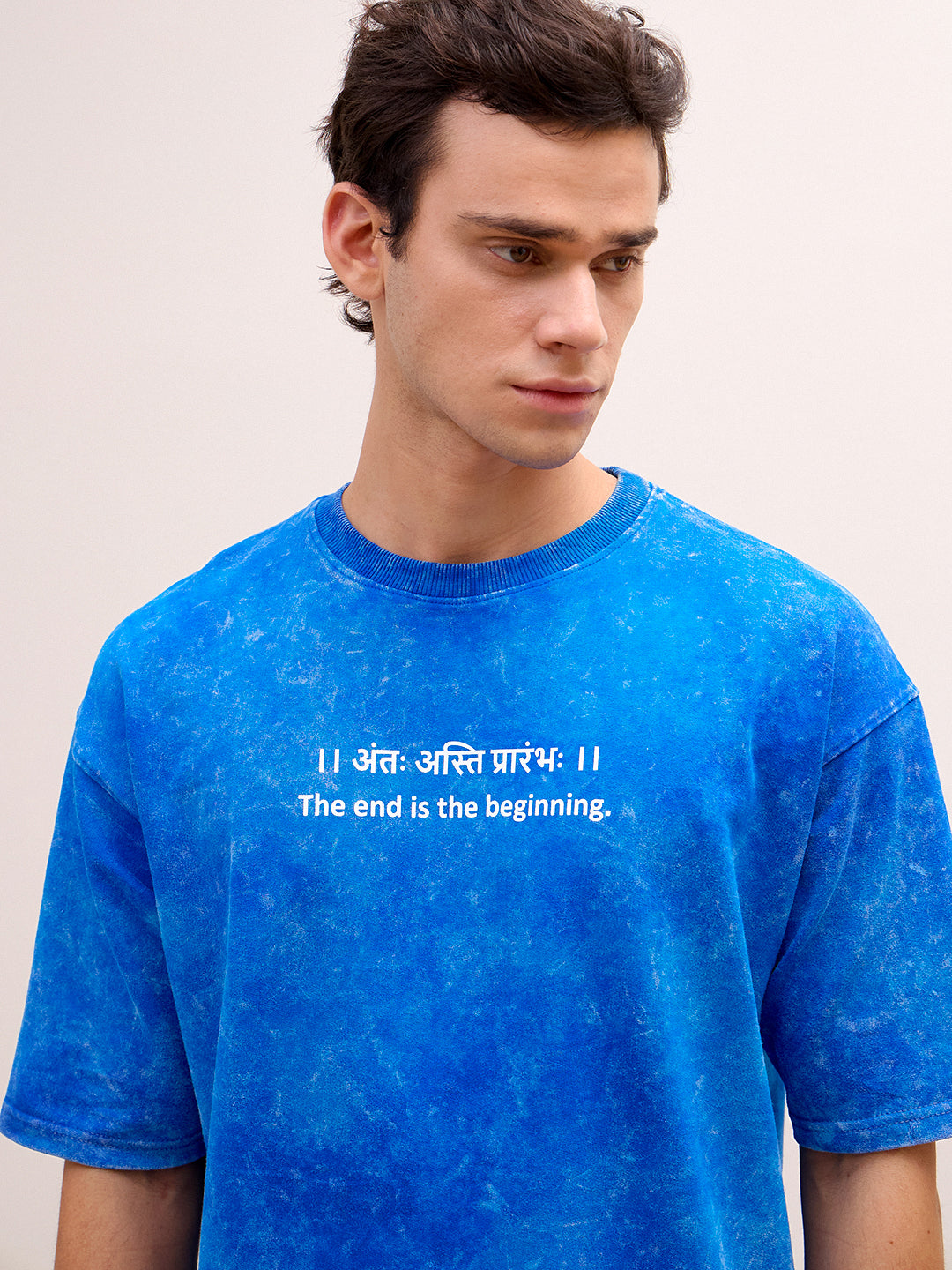 Royal Blue Acid Wash Oversized T-Shirt - "।। अंतः अस्ति प्रारंभः ।।" Sanskrit quotes - Rudrajap