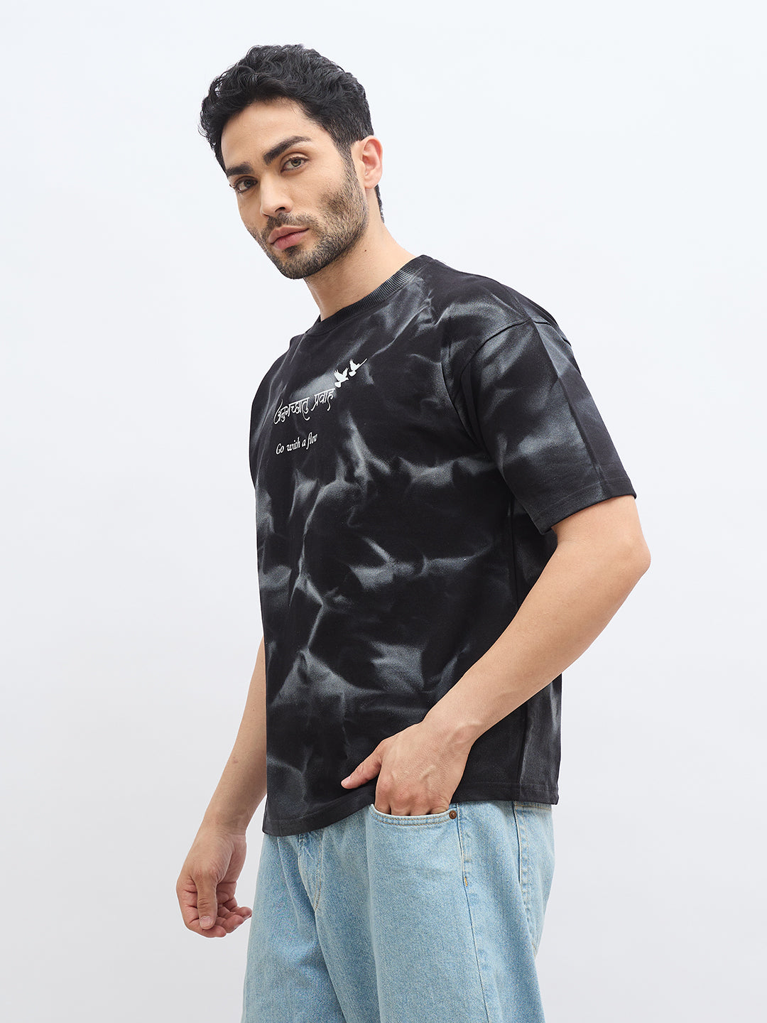Black Spray Print Oversized T-Shirt – "अनुगच्छतु प्रवाहं" | Go with the Flow