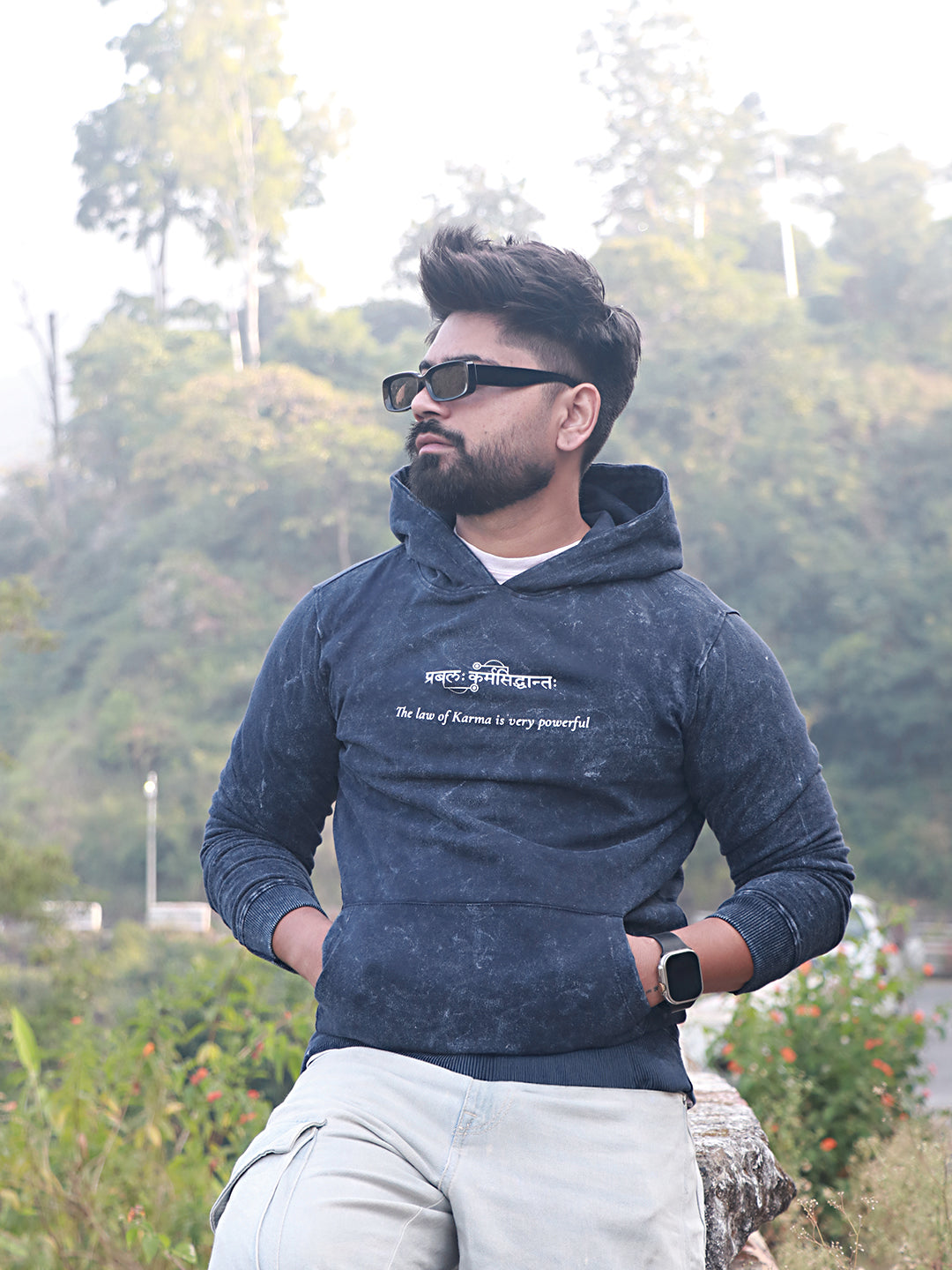 Indigo Blue Acid Wash Hoodie – "प्रबलः कर्मसिद्धान्तः" - Rudrajap