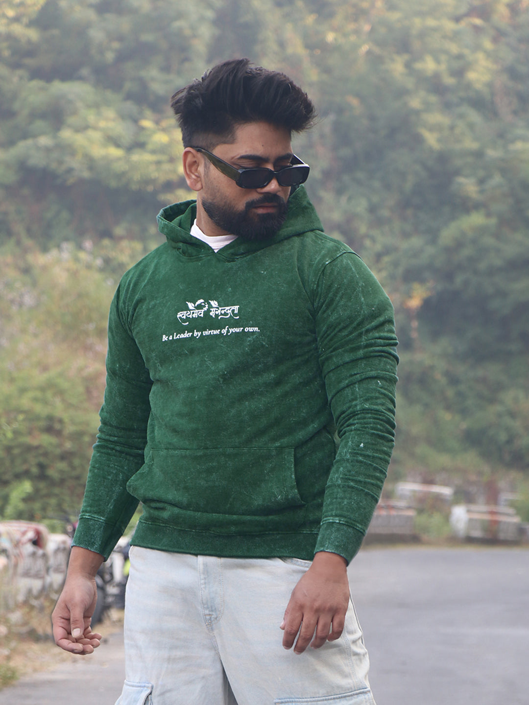 Moss Green Acid Wash Hoodie – "स्वयमेव मृगेन्द्रता" - Rudrajap
