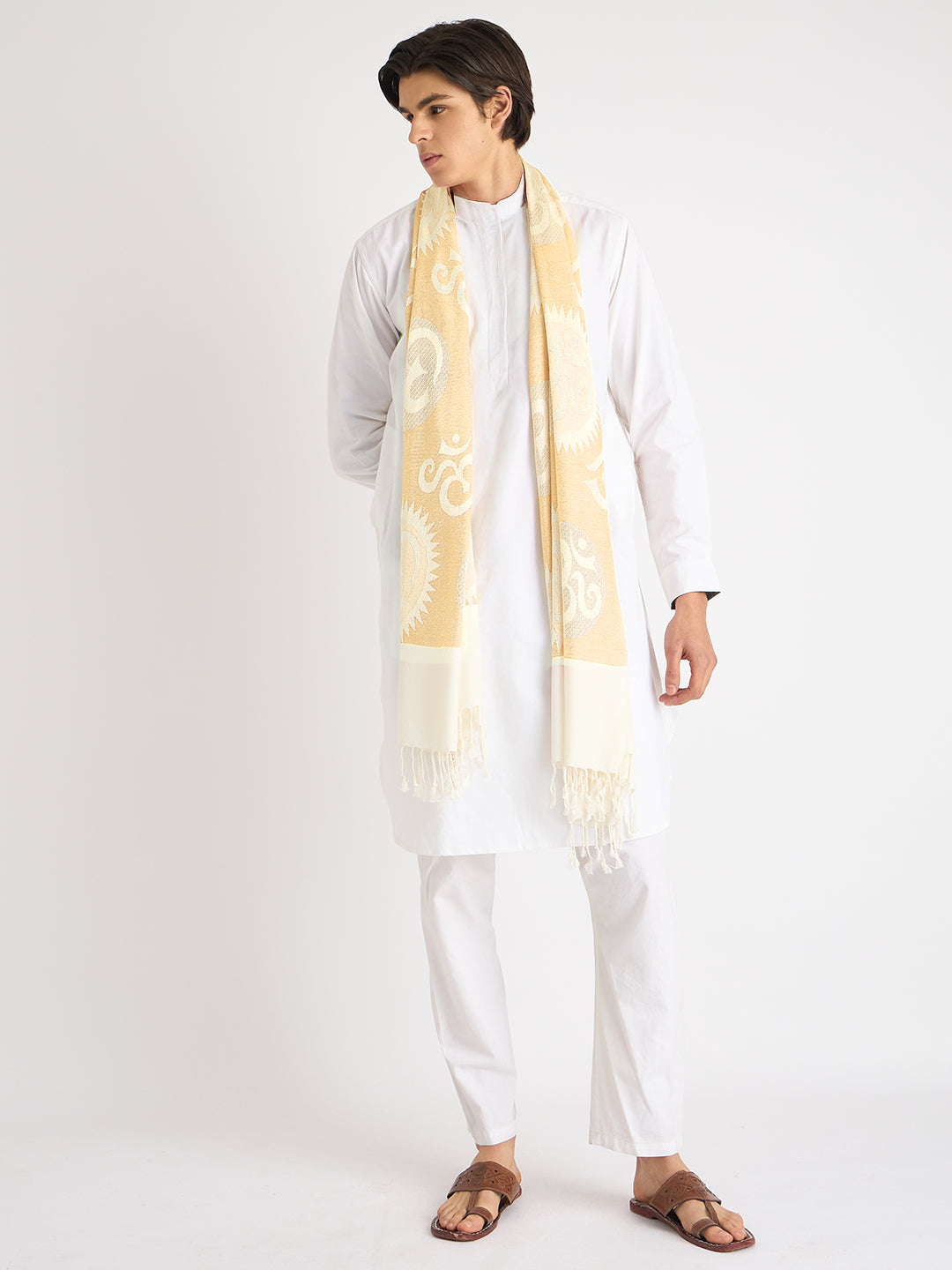 Om written (Beige and white) Stole for men and women - Rudrajap