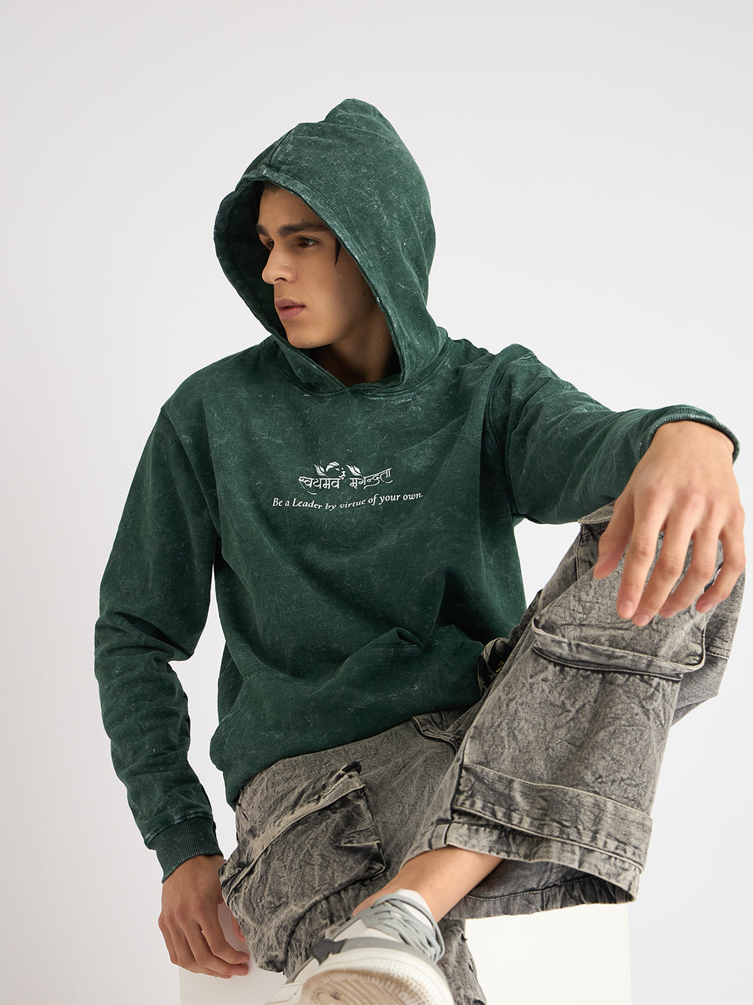 Moss Green Acid Wash Hoodie  – "स्वयमेव मृगेन्द्रता" - Rudrajap