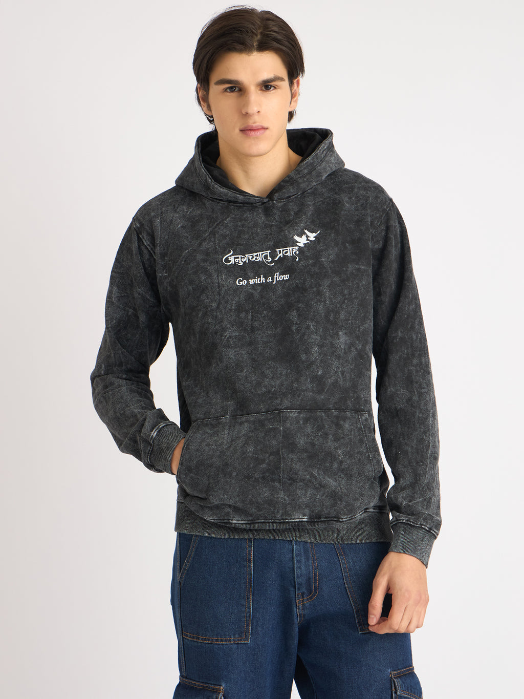 Men's Acid Washed Black Hoodie – “अनुगच्छतु प्रवाहं” - Rudrajap