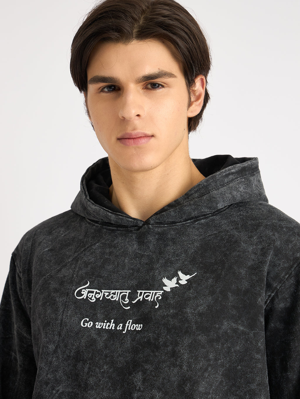 Men's Acid Washed Black Hoodie – “अनुगच्छतु प्रवाहं” - Rudrajap