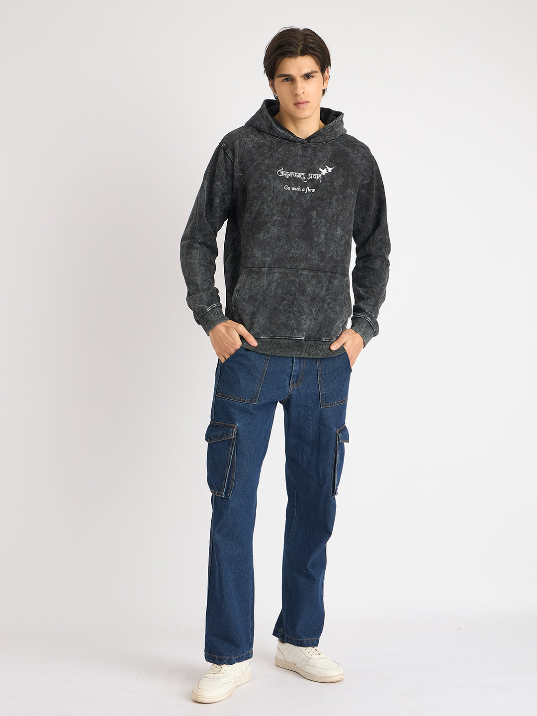 Men's Acid Washed Black Hoodie – “अनुगच्छतु प्रवाहं” - Rudrajap