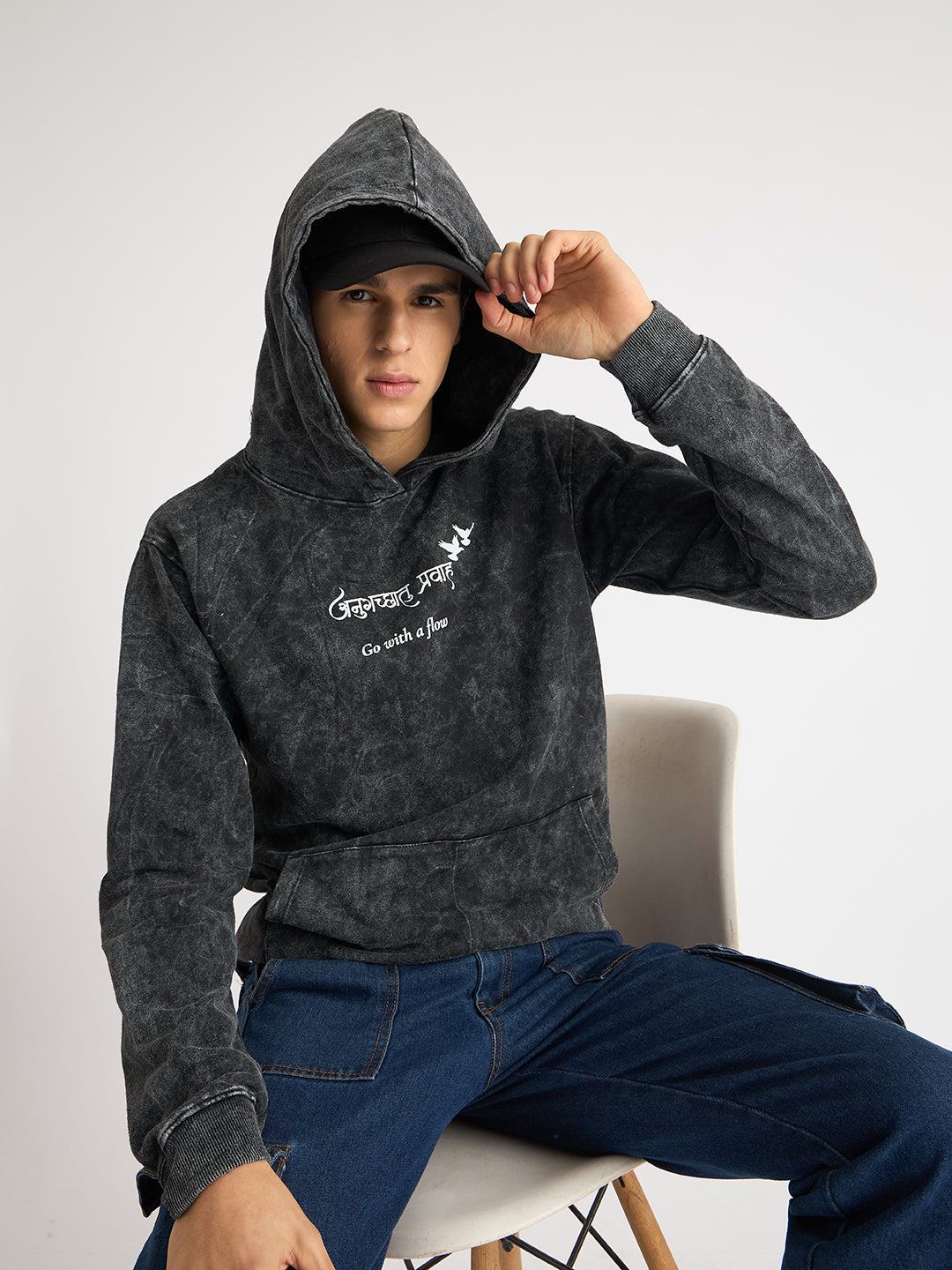 Men's Acid Washed Black Hoodie – “अनुगच्छतु प्रवाहं” - Rudrajap