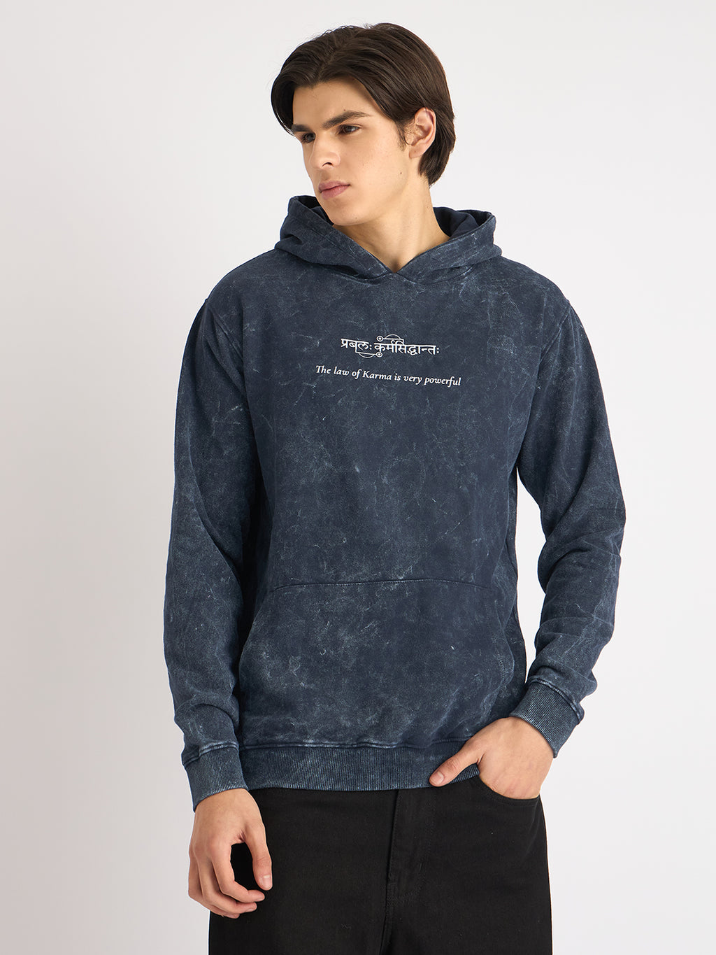 Indigo Blue Acid Wash Hoodie – "प्रबलः कर्मसिद्धान्तः" - Rudrajap