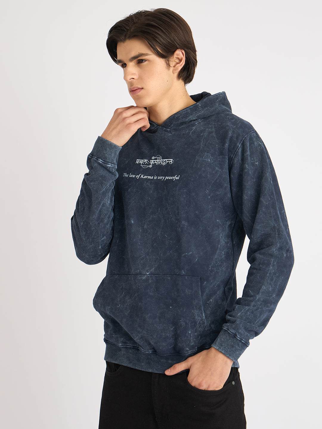 Indigo Blue Acid Wash Hoodie – "प्रबलः कर्मसिद्धान्तः" - Rudrajap