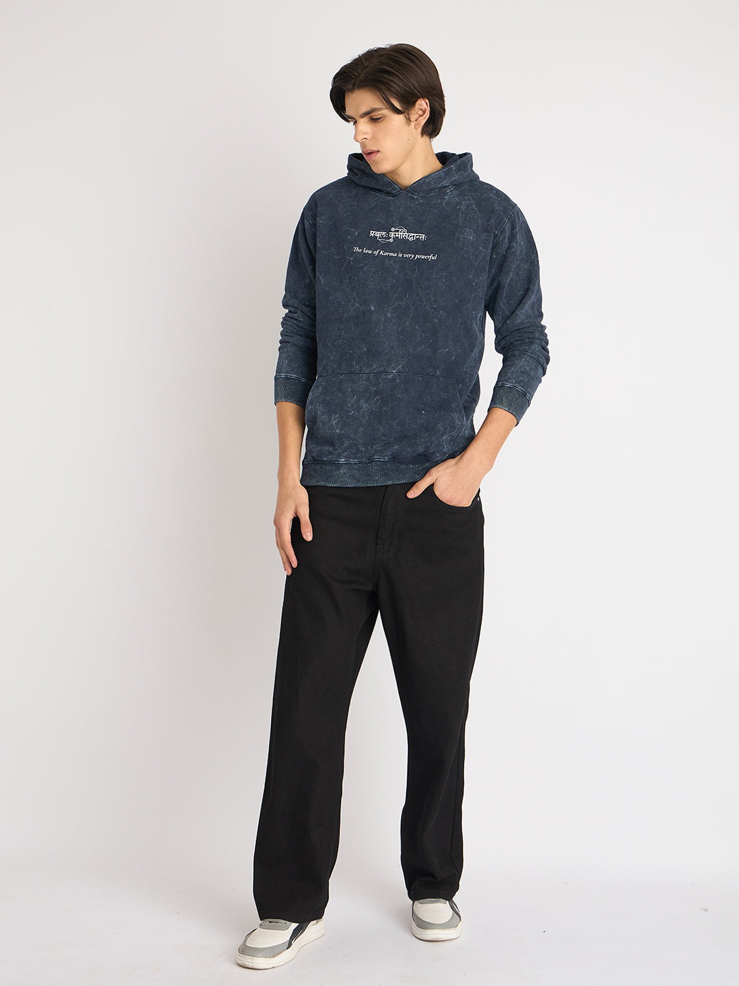 Indigo Blue Acid Wash Hoodie – "प्रबलः कर्मसिद्धान्तः" - Rudrajap