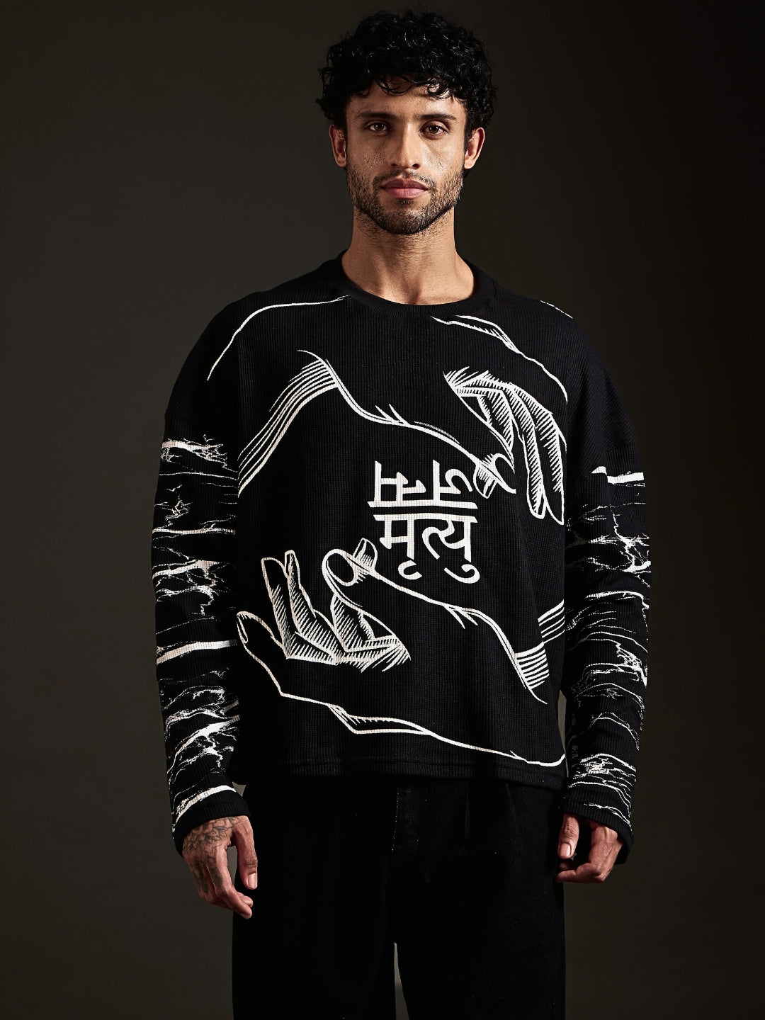 Janam Mrityu | Black Oversized Waffle Long Sleeve Tee