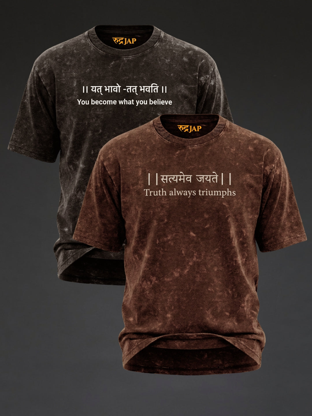 Rudrajap Karma & Truth Duo oversized T-shirt pack with black and brown burnout designs, pair of stylish, comfortable graphic tees