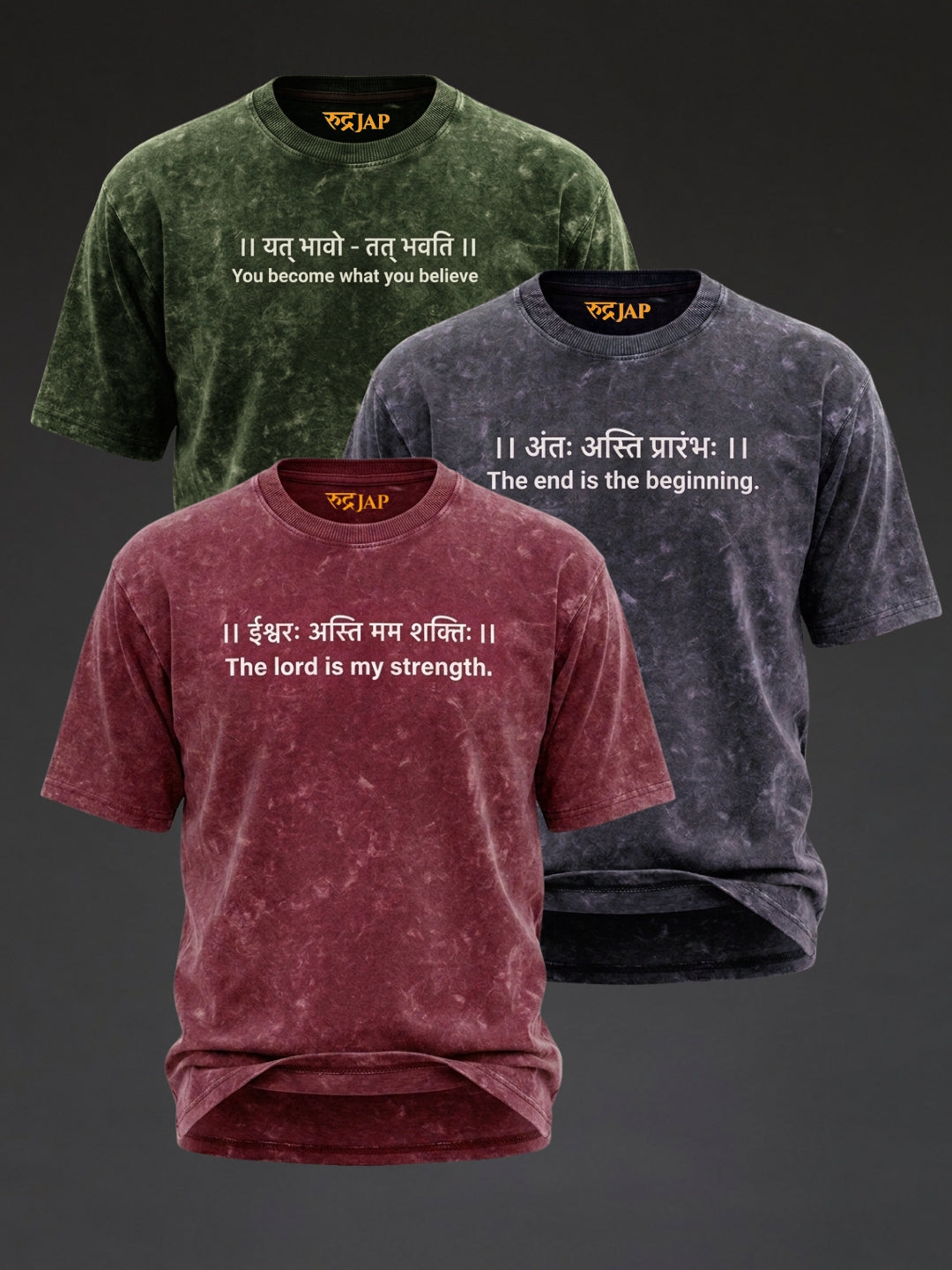 Set of three oversized Rudrajap Soul Power Pack T-shirts in moss green, royal blue, and brick red, laid flat in the image.