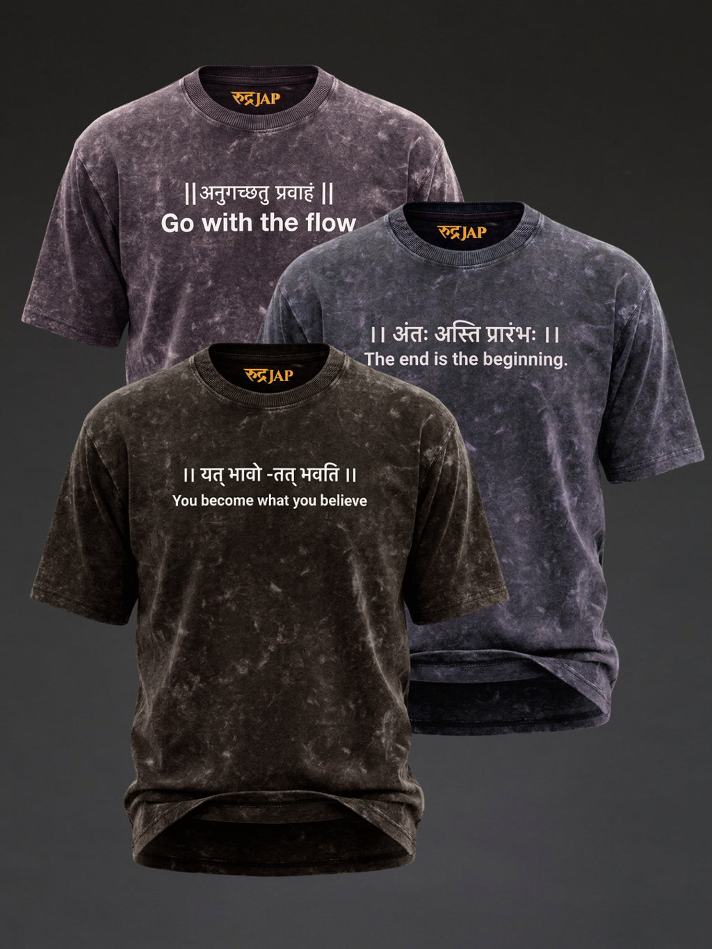 Set of three oversized Rudrajap burnout T-shirts in grey, royal blue, and black, displayed together with relaxed fit and casual style.