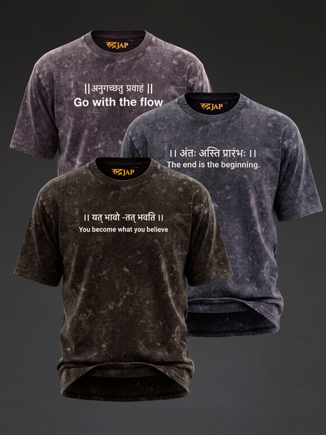 Set of three oversized Rudrajap burnout T-shirts in grey, royal blue, and black, displayed together with relaxed fit and casual style.