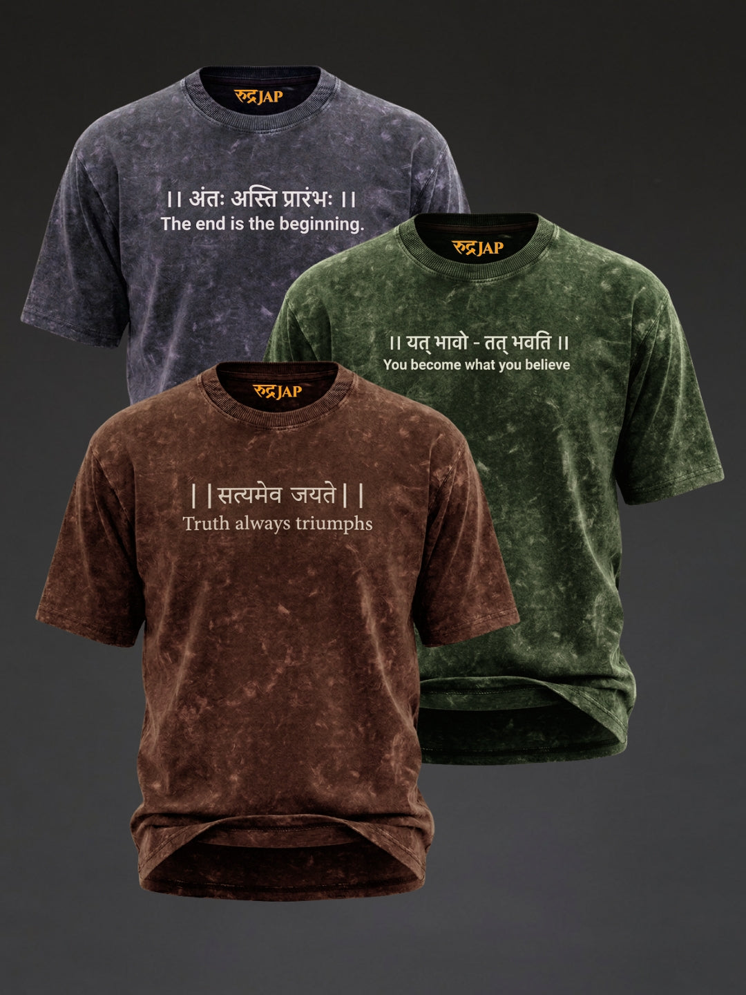 Oversized Rudrajap burnout T-shirt pack with three colors: royal blue, moss green, and brown, displayed on a plain background.