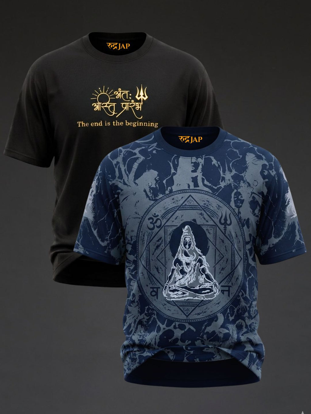 Oversized T-shirt combo by Rudrajap featuring black embroidery and Shambho design, pack of 2, casual and stylish fit.