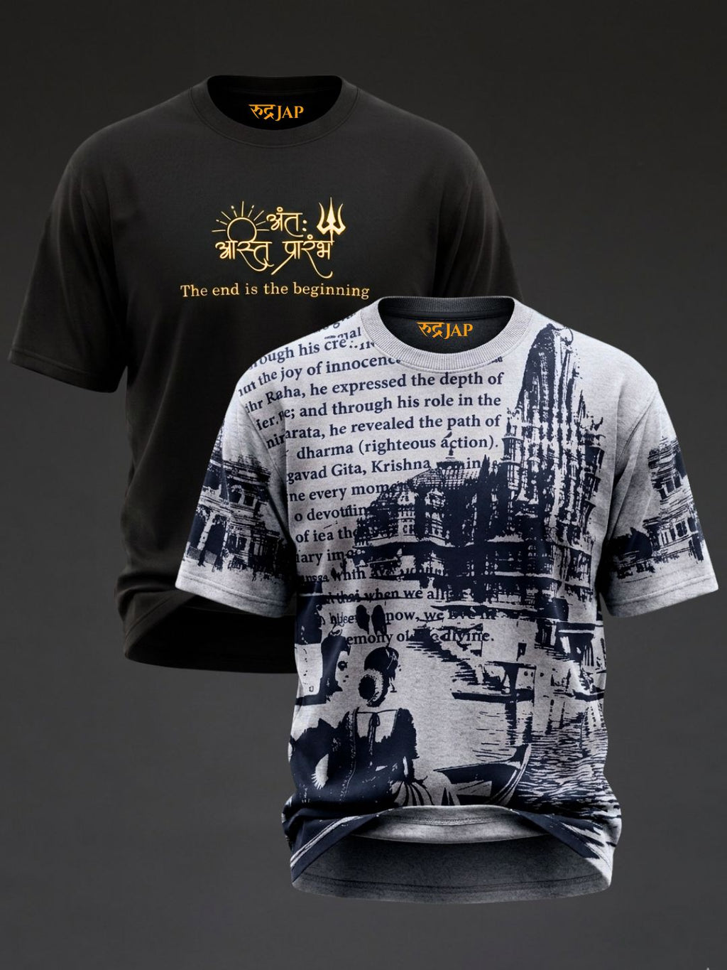 Oversized Rudrajap Eternal Krishna Combo T-shirts with black embroidery and Govinda design, pack of 2, casual and stylish wear