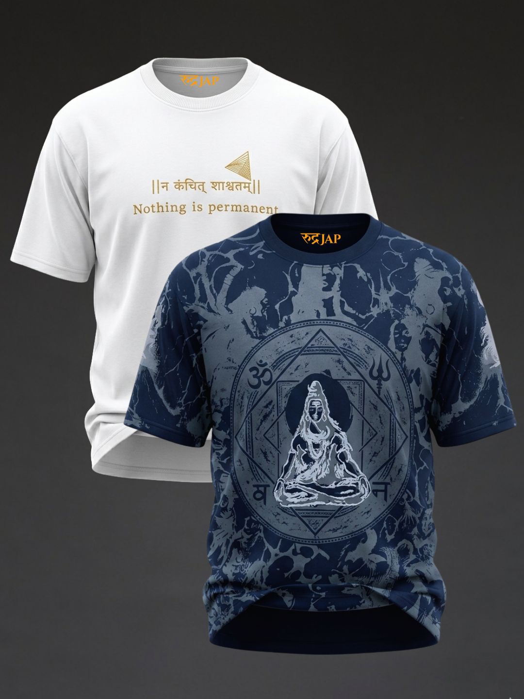 Oversized Rudrajap Pure Stillness Combo T-shirt in white with embroidery and Shambho design, pack of 2, casual and comfortable fit