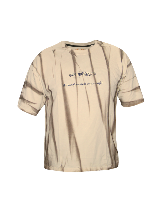 Beige Spray Print T-Shirt – "प्रबलः कर्मसिद्धान्तः" (The Law of Karma is Powerful)