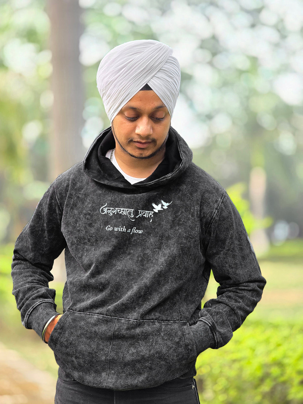 Men's Acid Washed Black Hoodie – “अनुगच्छतु प्रवाहं” - Rudrajap