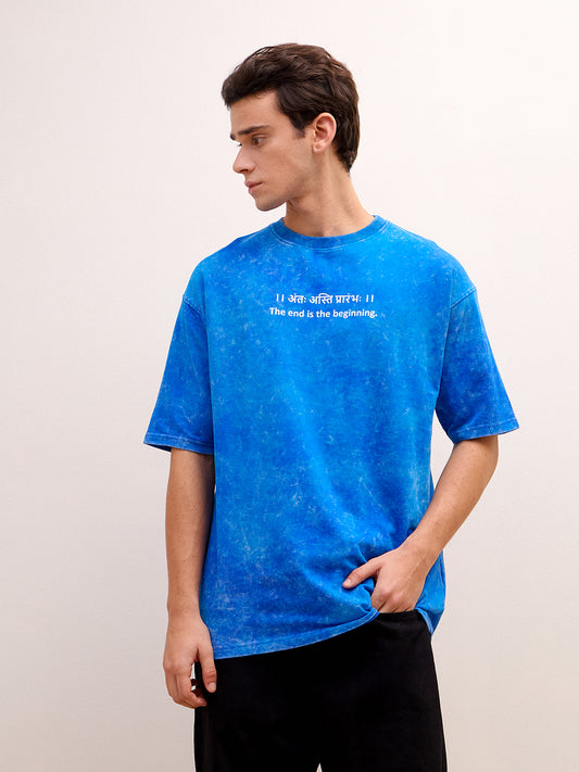 Royal Blue Acid Wash Oversized T-Shirt - "।। अंतः अस्ति प्रारंभः ।।"  Sanskrit quotes - Rudrajap