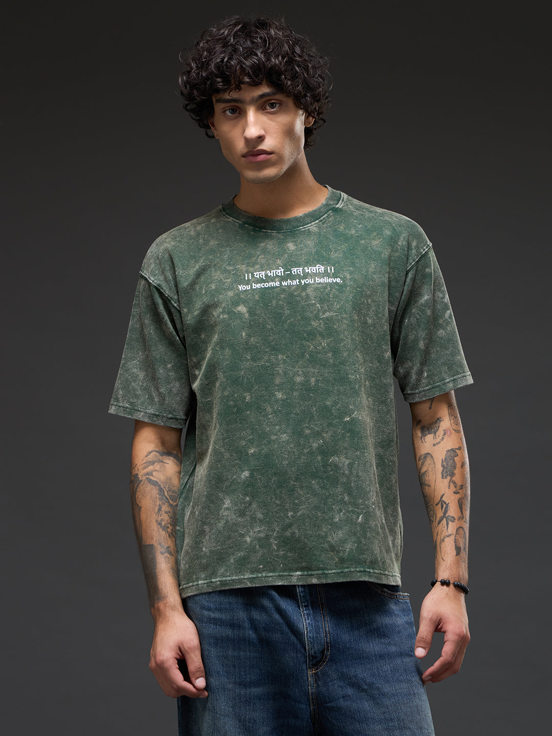 Oversized Rudrajap The Awakening Trinity Pack T-shirts in royal blue, moss green, and brown, displayed together in a pack.