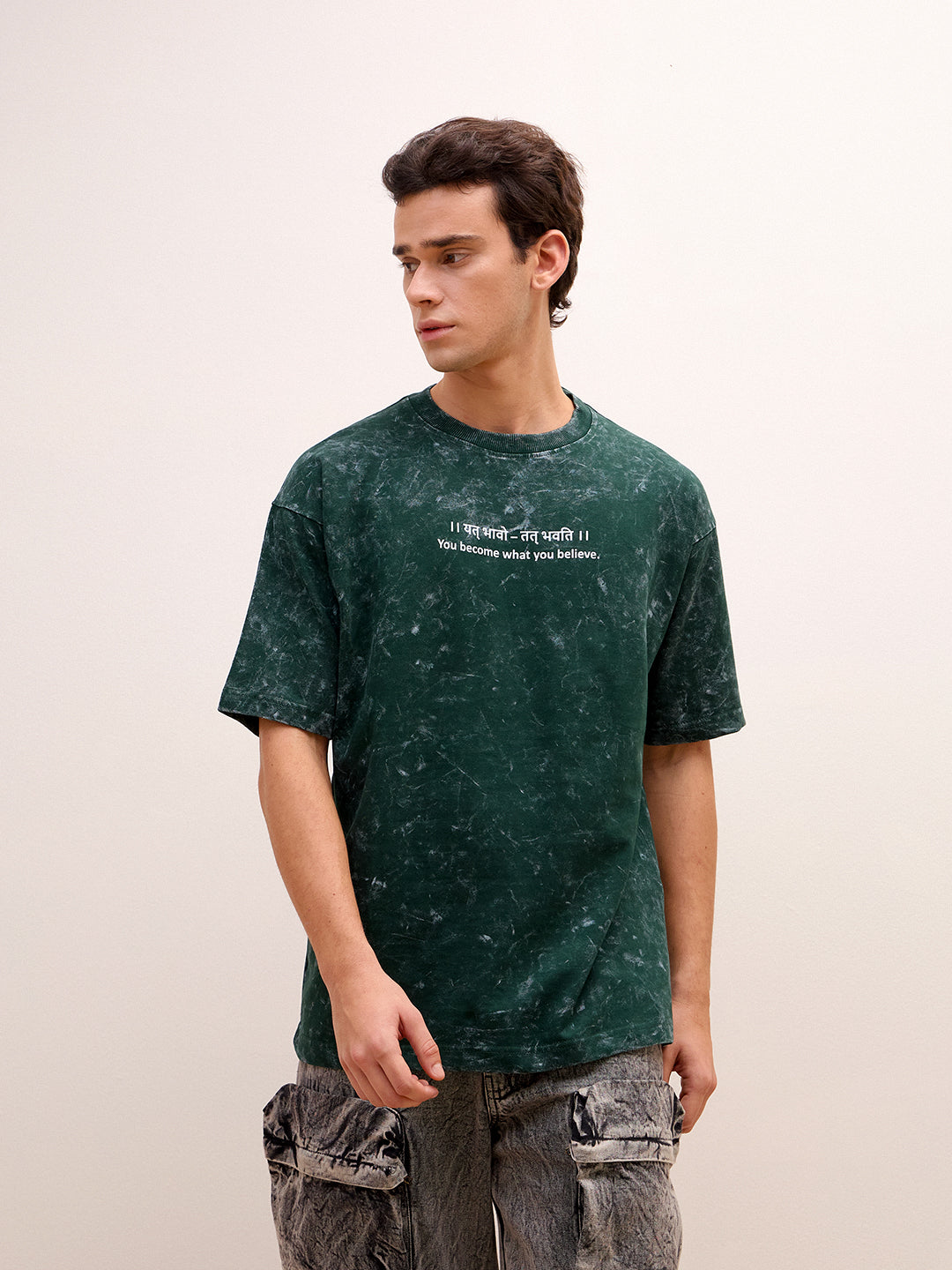 Moss Green Acid Wash Oversized T-Shirt - "।। यत् भावो – तत् भवति ।।"  Sanskrit quotes - Rudrajap