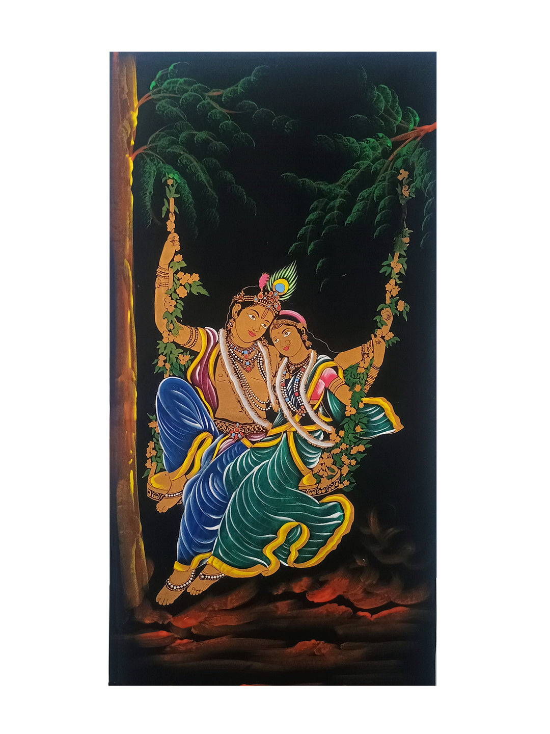 Hand-Painted Velvet Wall Art – Radha Krishna on Jhula (Without Frame) - Rudrajap