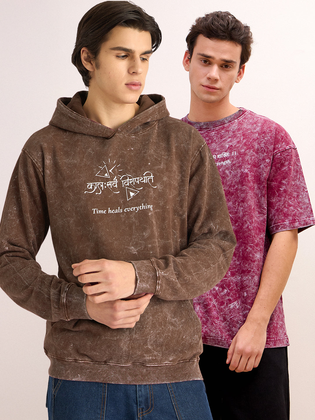 The Healer’s Harmony – Brown Hoodie & Brick Red T-Shirt Combo (कालः सर्वं विरोपयति | ईश्वरः अस्ति मम शक्तिः) - Rudrajap