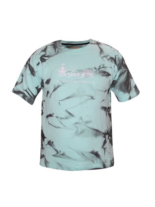 Mint Green Spray Print T-Shirt – "अंतः अस्ति प्रारंभः" (The End is the Beginning)