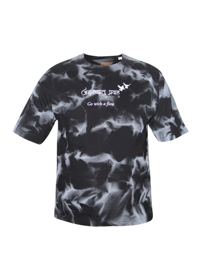 Black Spray Print Oversized T-Shirt – "अनुगच्छतु प्रवाहं" | Go with the Flow