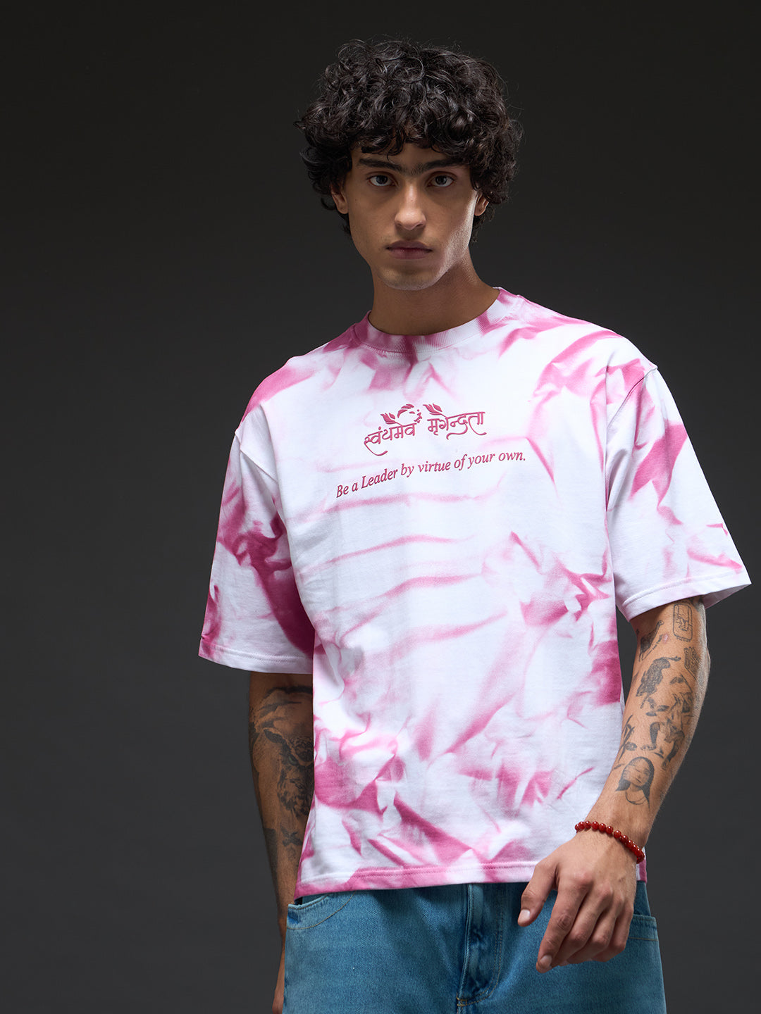 White oversized tee with spray and puff print design from Rudrajap's Be A Leader collection, featuring a relaxed fit and bold graphic.