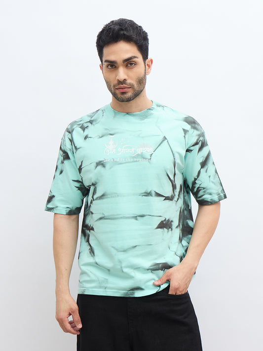 Mint Green Spray Print T-Shirt – "अंतः अस्ति प्रारंभः" (The End is the Beginning)