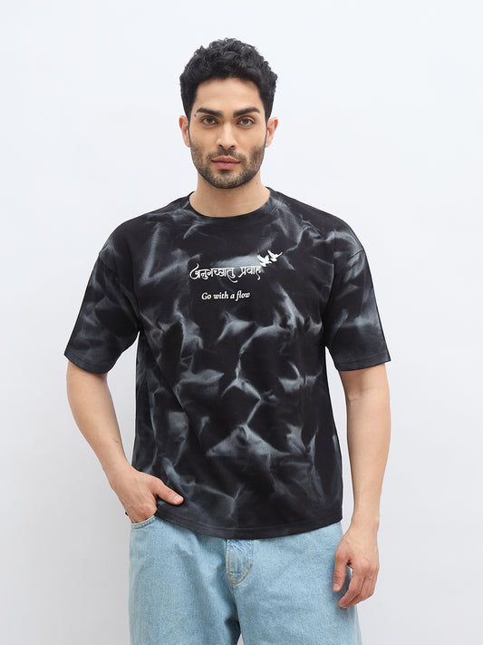 Black Spray Print Oversized T-Shirt – "अनुगच्छतु प्रवाहं" | Go with the Flow