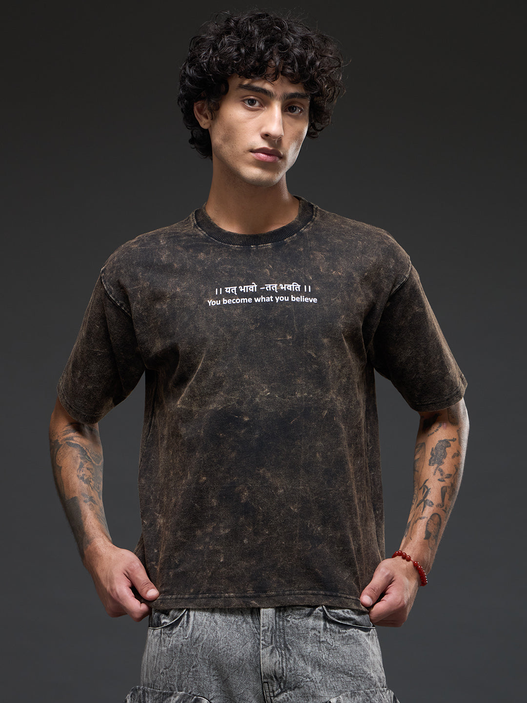 Black acid wash oversized T-shirt with Sanskrit quote "।। यत् भावो – तत् भवति ।।" by Rudrajap, casual and stylish.