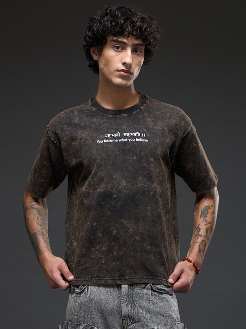 Black acid wash oversized T-shirt with Sanskrit quote "।। यत् भावो – तत् भवति ।।" by Rudrajap, casual and stylish.