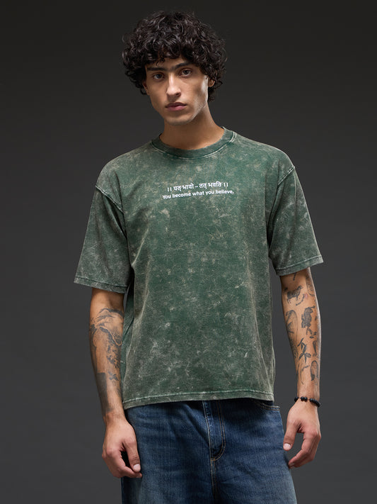 Moss Green Acid Wash Oversized T-Shirt featuring 'Yat Bhavo Tat Bhavati' Sanskrit quote