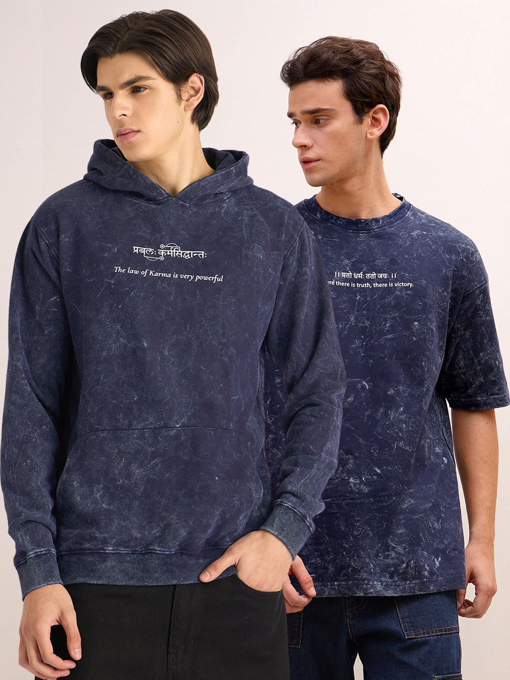 The Victory Set – Indigo Blue Hoodie & T-Shirt Combo (प्रबलः कर्मसिद्धान्तः | यतो धर्मः ततो जयः) - Rudrajap