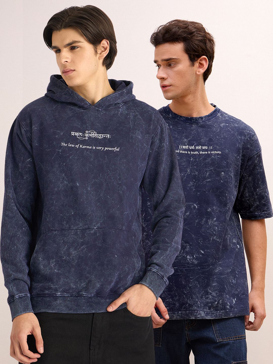 The Victory Set – Indigo Blue Hoodie & T-Shirt Combo (प्रबलः कर्मसिद्धान्तः | यतो धर्मः ततो जयः) - Rudrajap