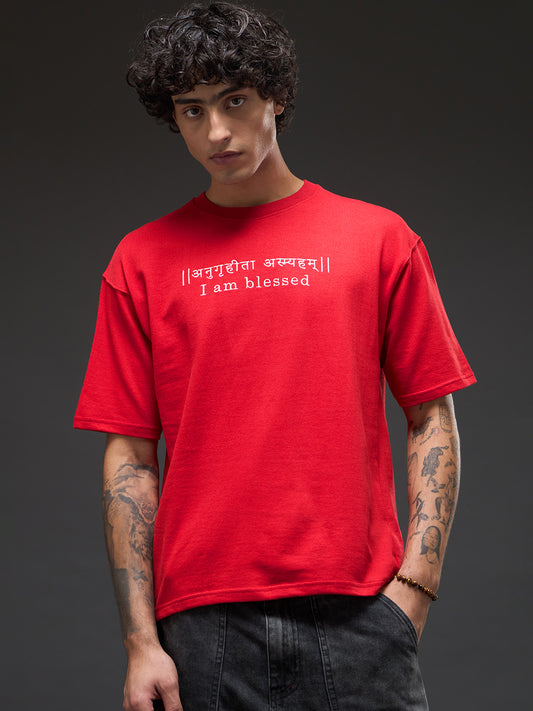 Red Recycled Oversized Tee | I Am Blessed (Premium Embroidery)