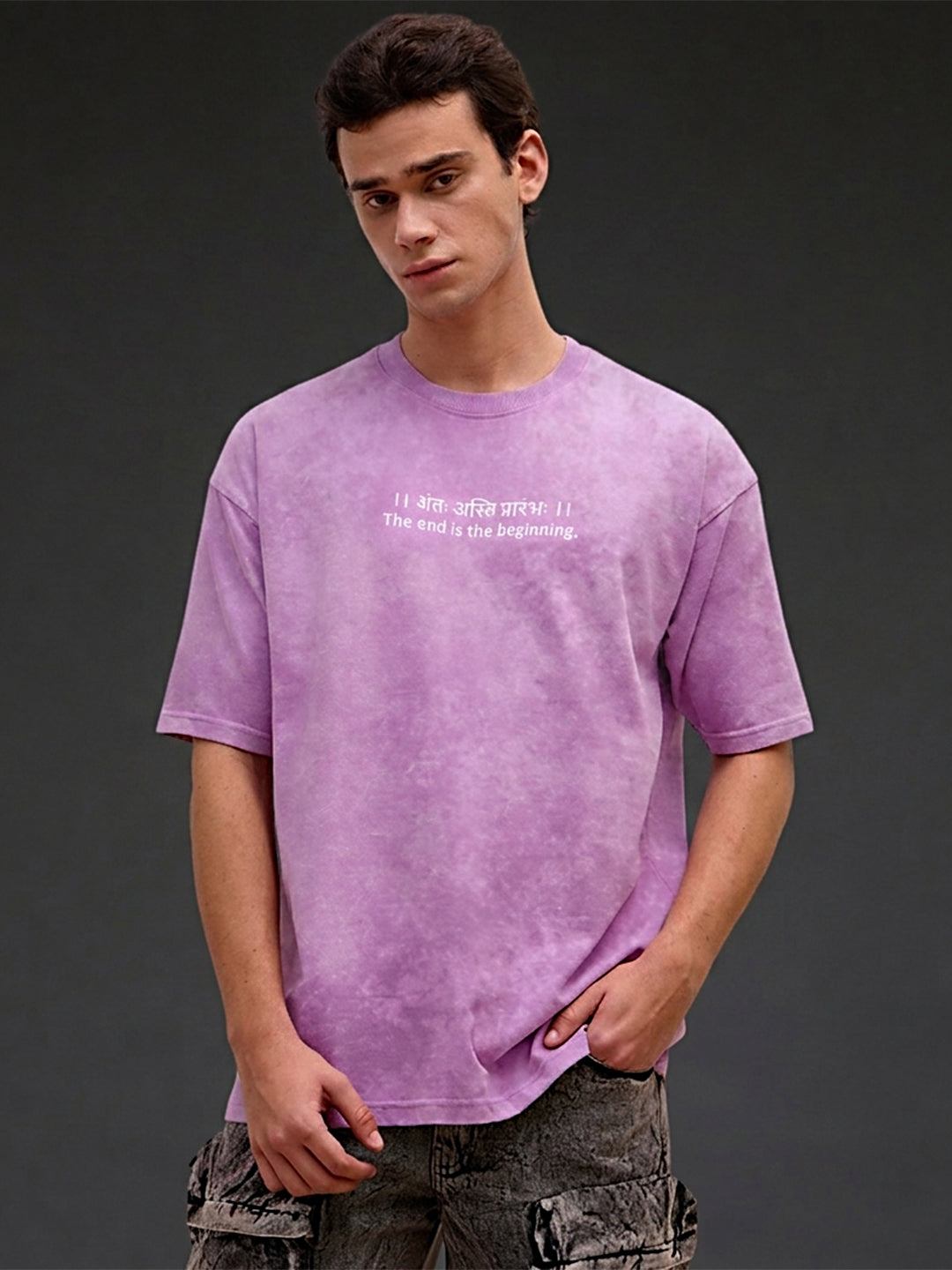 Lavender acid wash oversized T-shirt with Sanskrit quote "Antah Asti Prarambhah" by Rudrajap, casual and stylish.
