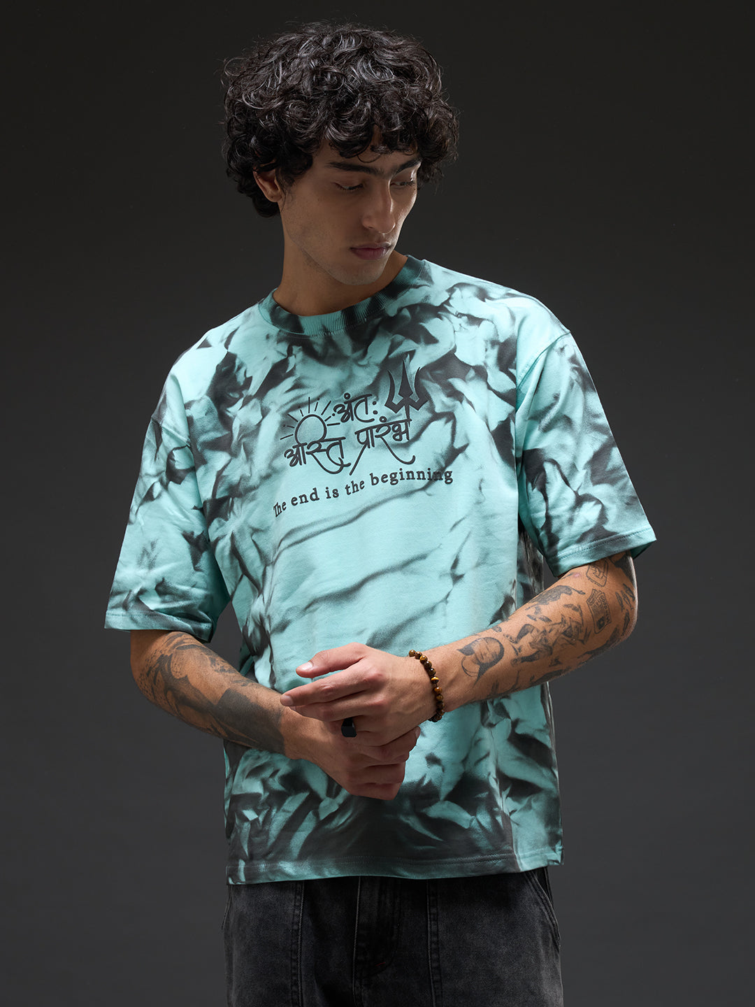 Mint green oversized T-shirt with spray and puff print design by Rudrajap, featuring a relaxed fit and casual style.