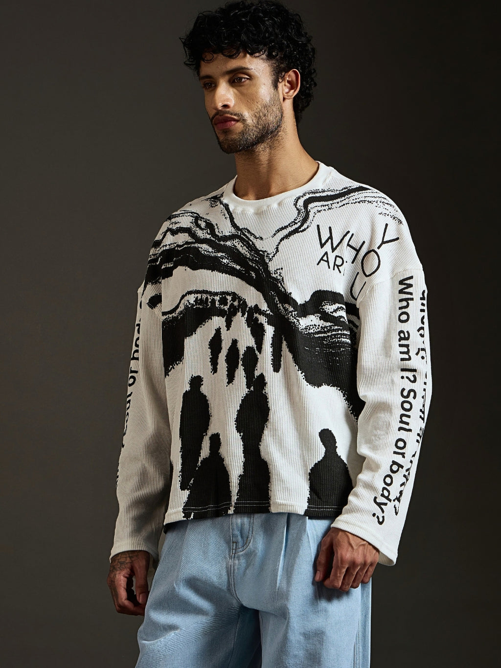 Koham oversized long sleeve tee side view with Who am I Soul or body sleeve text