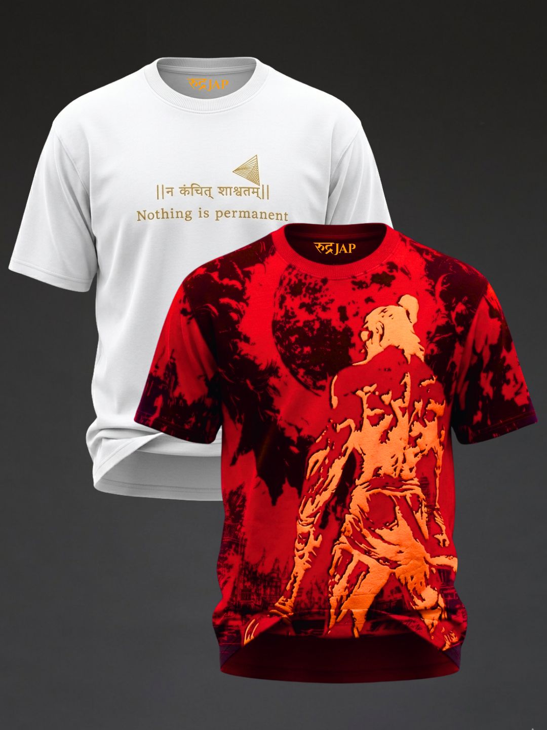 Oversized Rudrajap Eternal Protector Combo T-shirts in white with embroidery and Rakshak design, pack of 2.